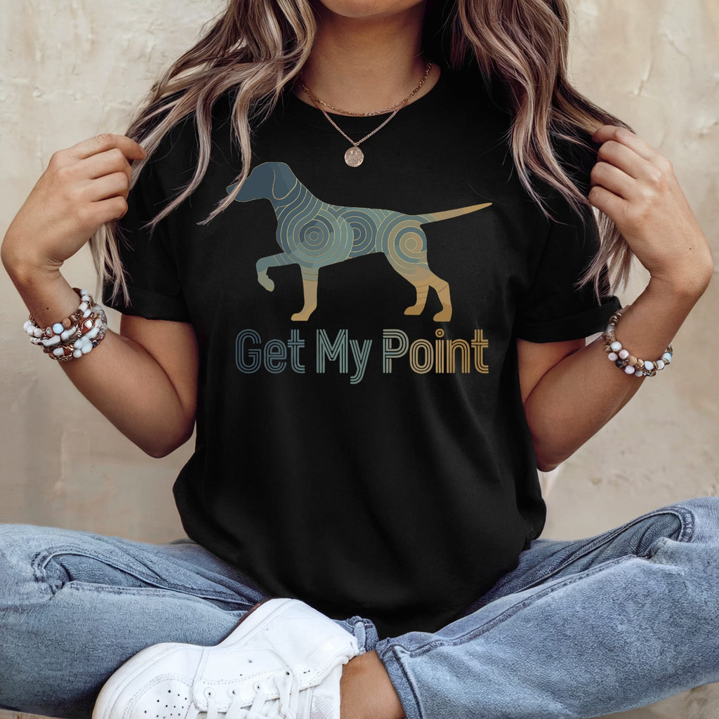 Black t-shirt with a stylized dog silhouette and "Get My Point" text.