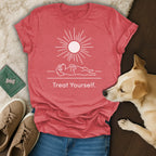 Red t-shirt with sun graphic and "Treat Yourself." text.