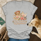 Heather gray V-neck t-shirt featuring a vintage graphic of a puppy in a teacup with flowers and text.