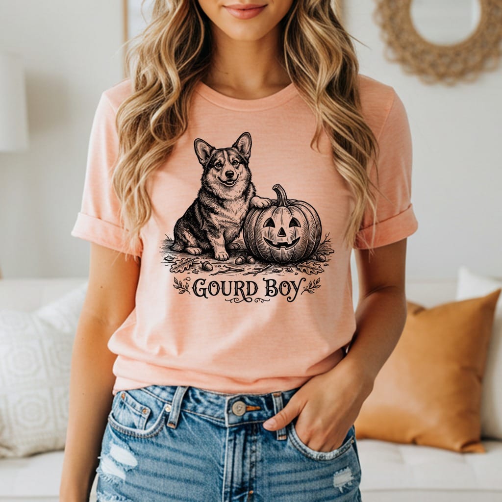 T-shirt graphic of a corgi next to a jack-o'-lantern with text "Gourd Boy".