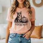 T-shirt graphic of a corgi next to a jack-o'-lantern with text "Gourd Boy".
