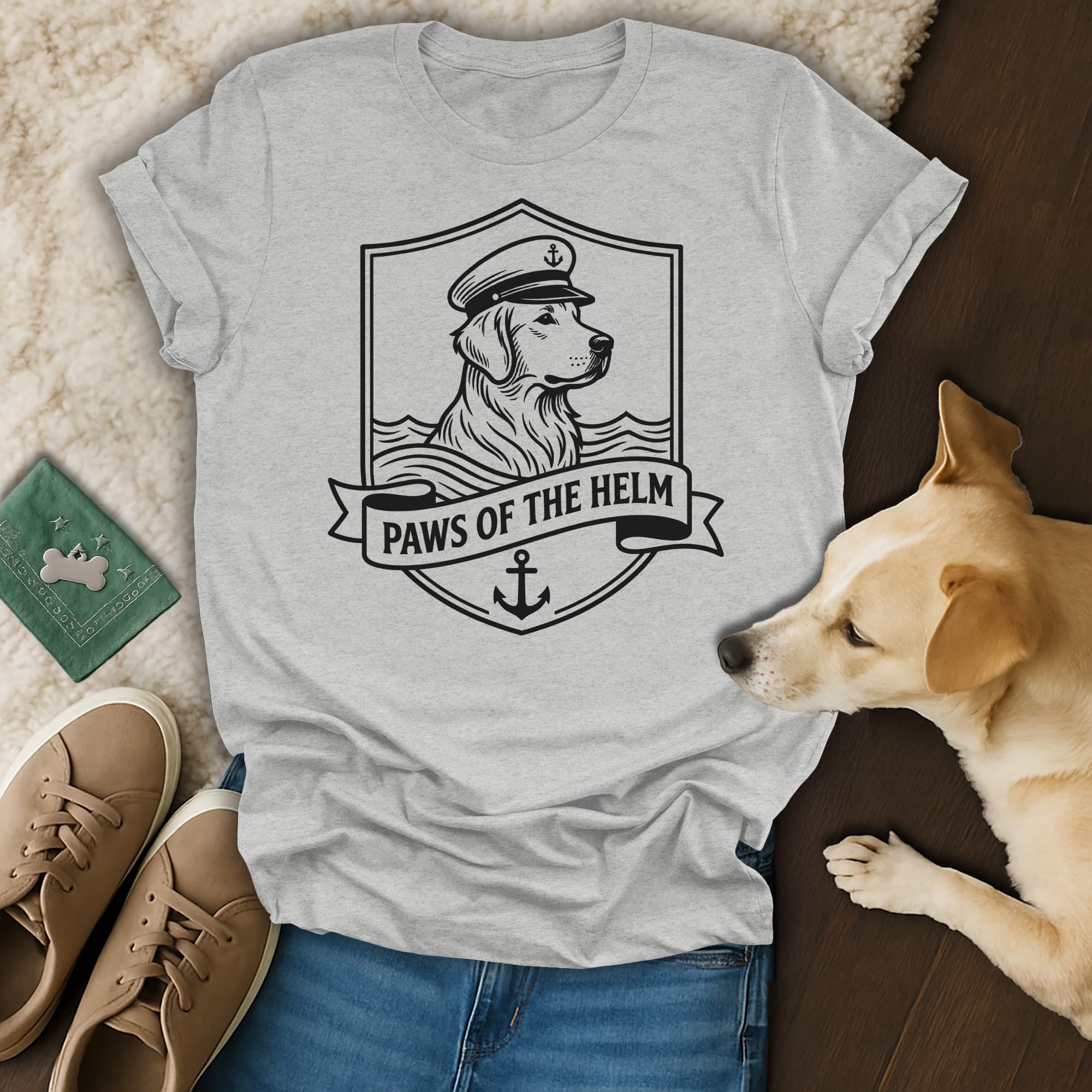 Dog wearing a captain's hat with "Paws of the Helm" text on a t-shirt.