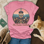 Pink t-shirt with a dog at a ship's wheel, "On Cruise Control".