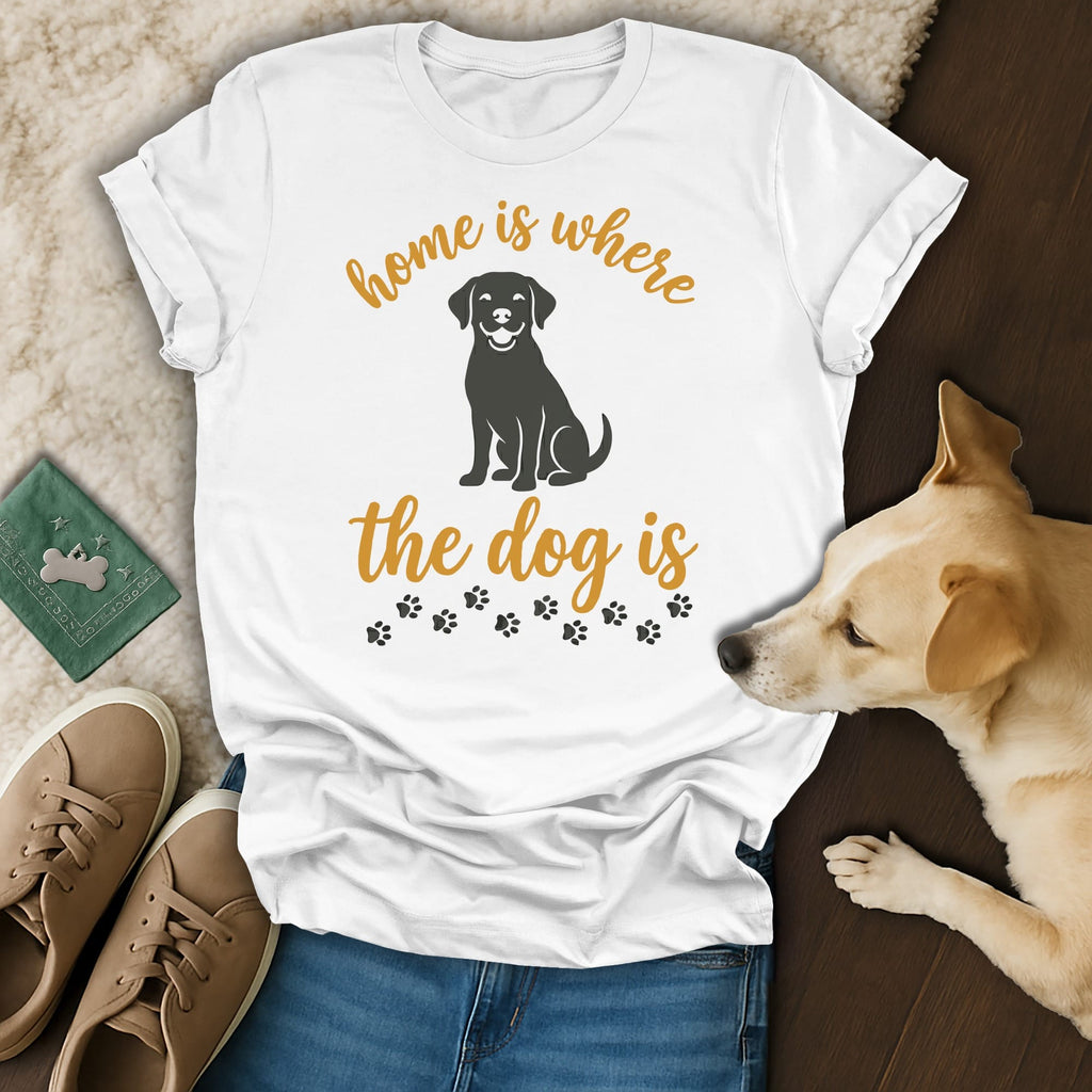 White t-shirt with "home is where the dog is" text and paw prints.