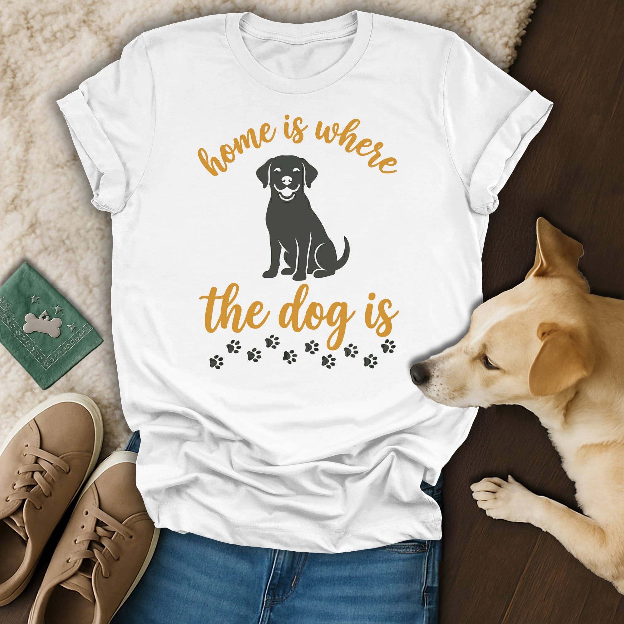 White t-shirt with "home is where the dog is" text and paw prints.