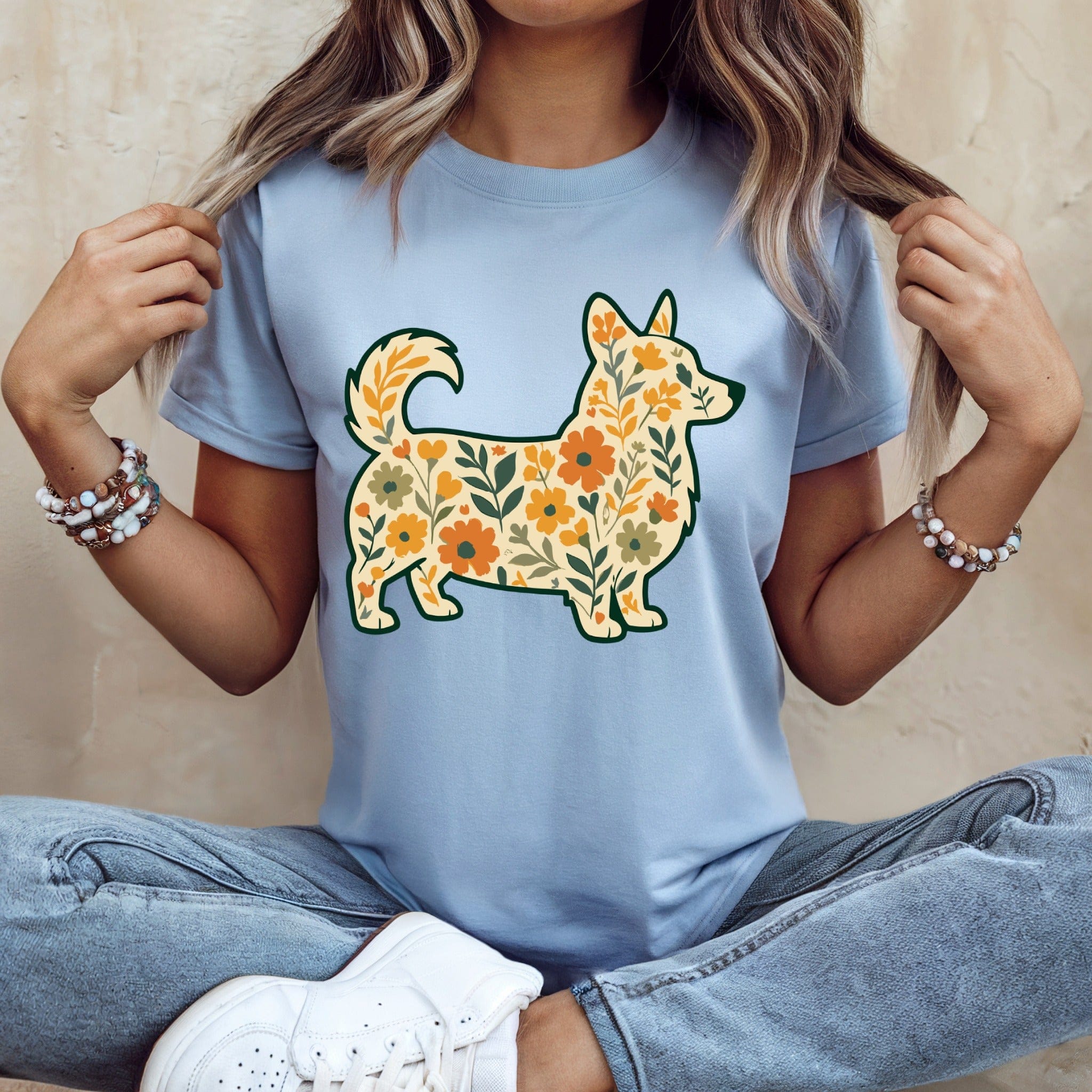Floral Pattern Corgi Graphic Tee for Dog Lovers