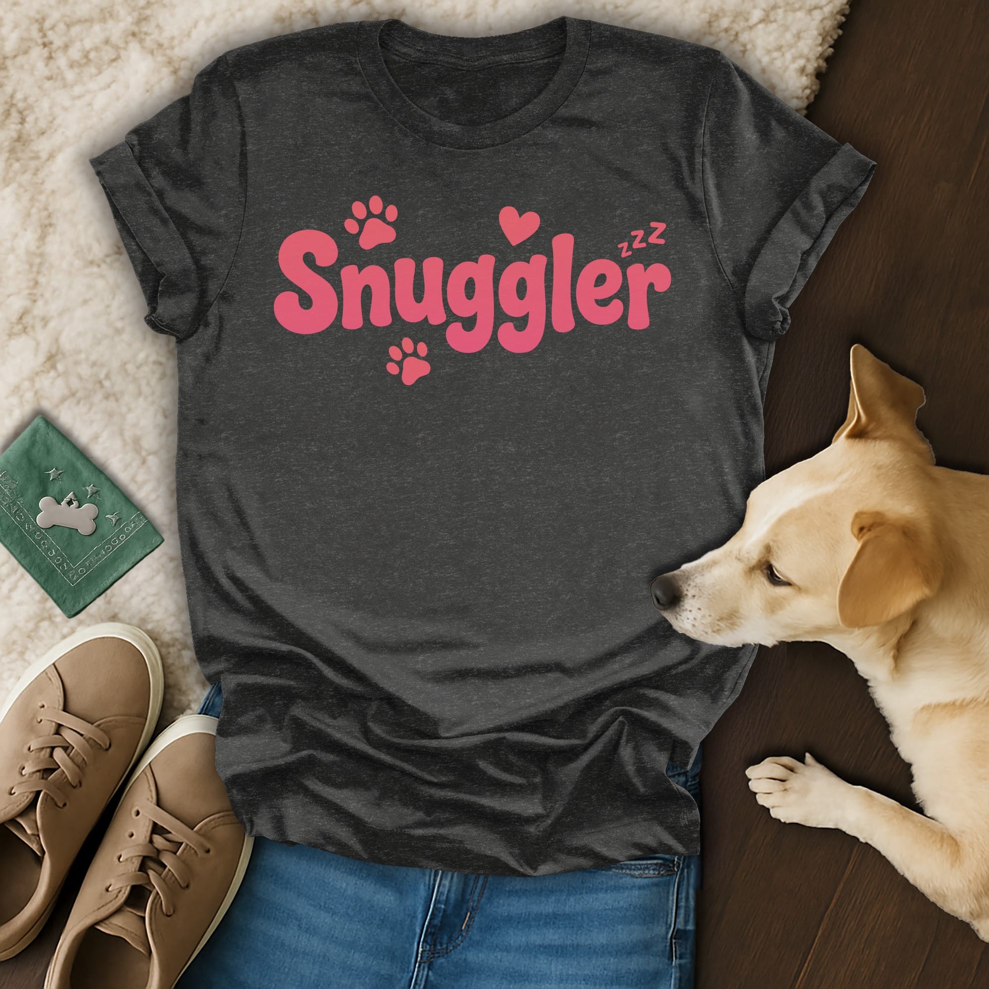 Dark grey t-shirt with "Snuggler" and paw prints in pink.