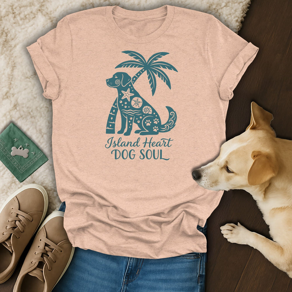 Peach t-shirt with teal dog, palm tree, and text "Island Heart DOG SOUL".