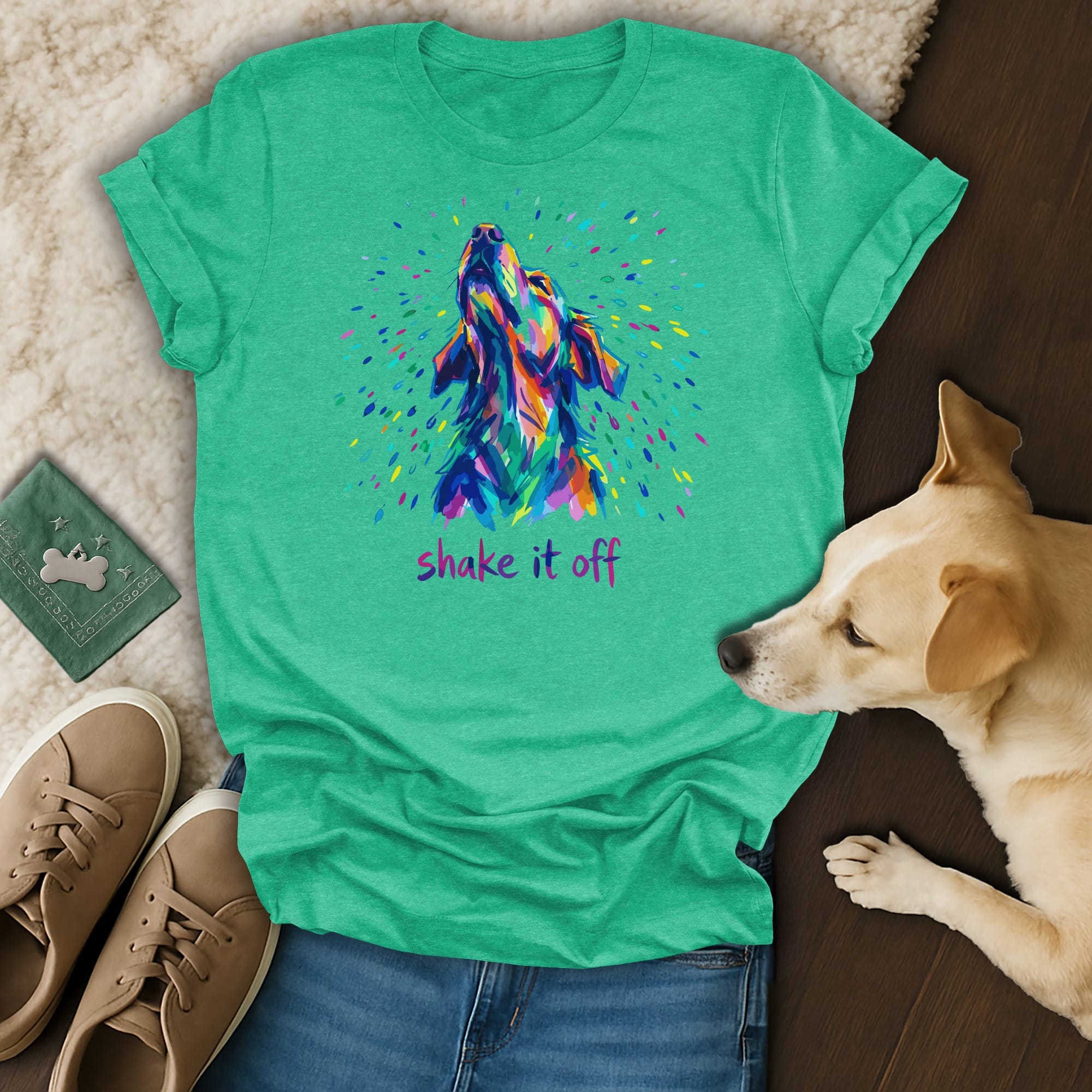 Green t-shirt with colorful dog silhouette and "shake it off" text.