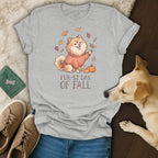 Grey t-shirt with a Pomeranian dog wearing a sweater and "Fur-st Day of Fall" text.