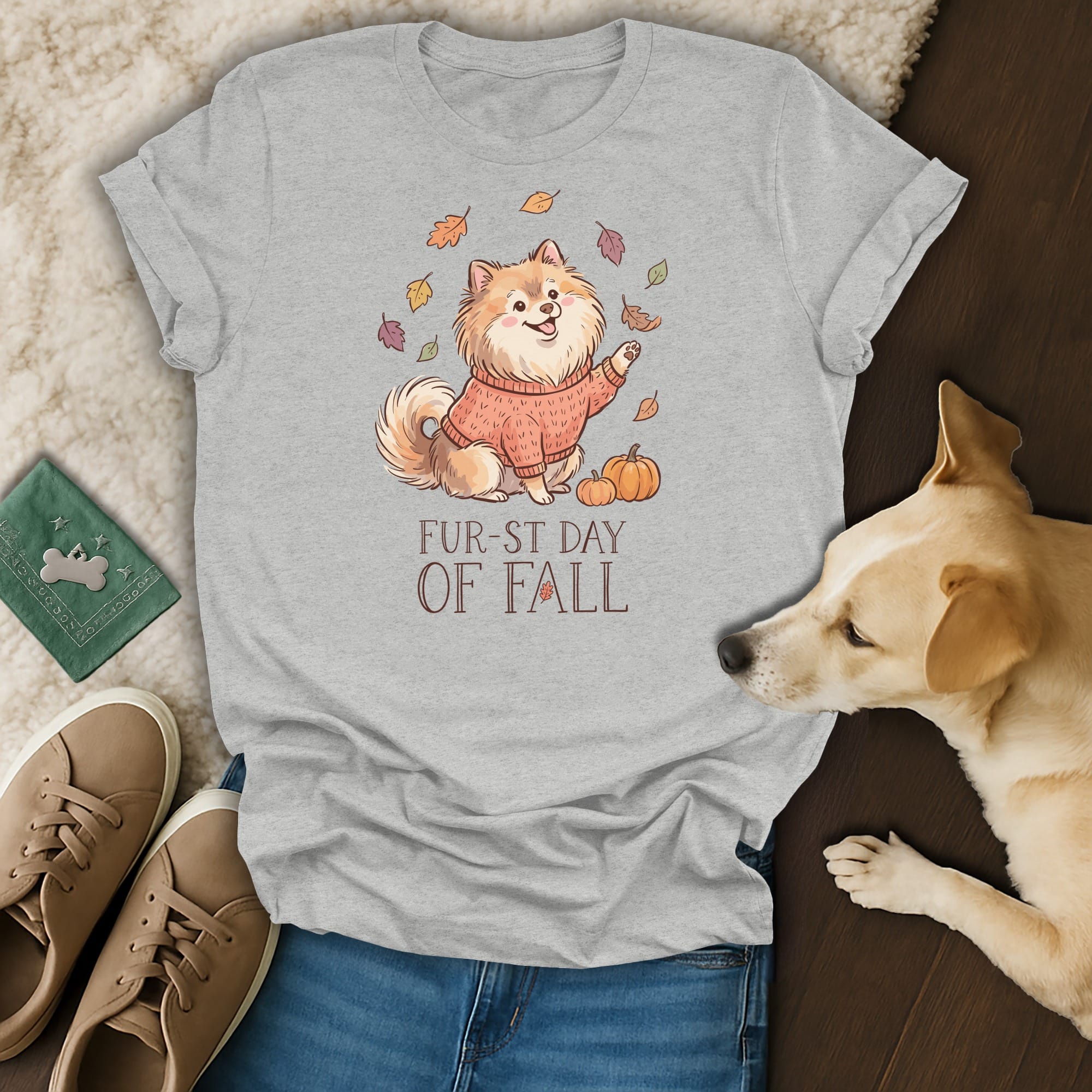 Grey t-shirt with a Pomeranian dog wearing a sweater and "Fur-st Day of Fall" text.