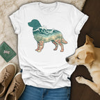 T-shirt with a golden retriever silhouette filled with a beach scene.