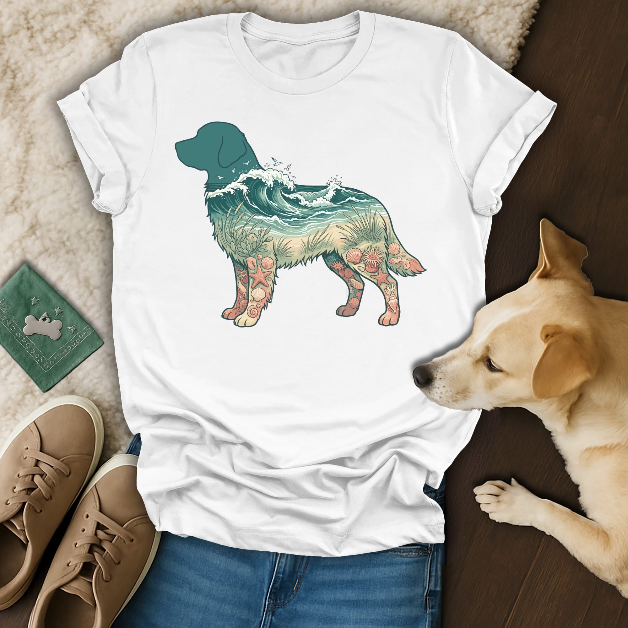 T-shirt with a golden retriever silhouette filled with a beach scene.