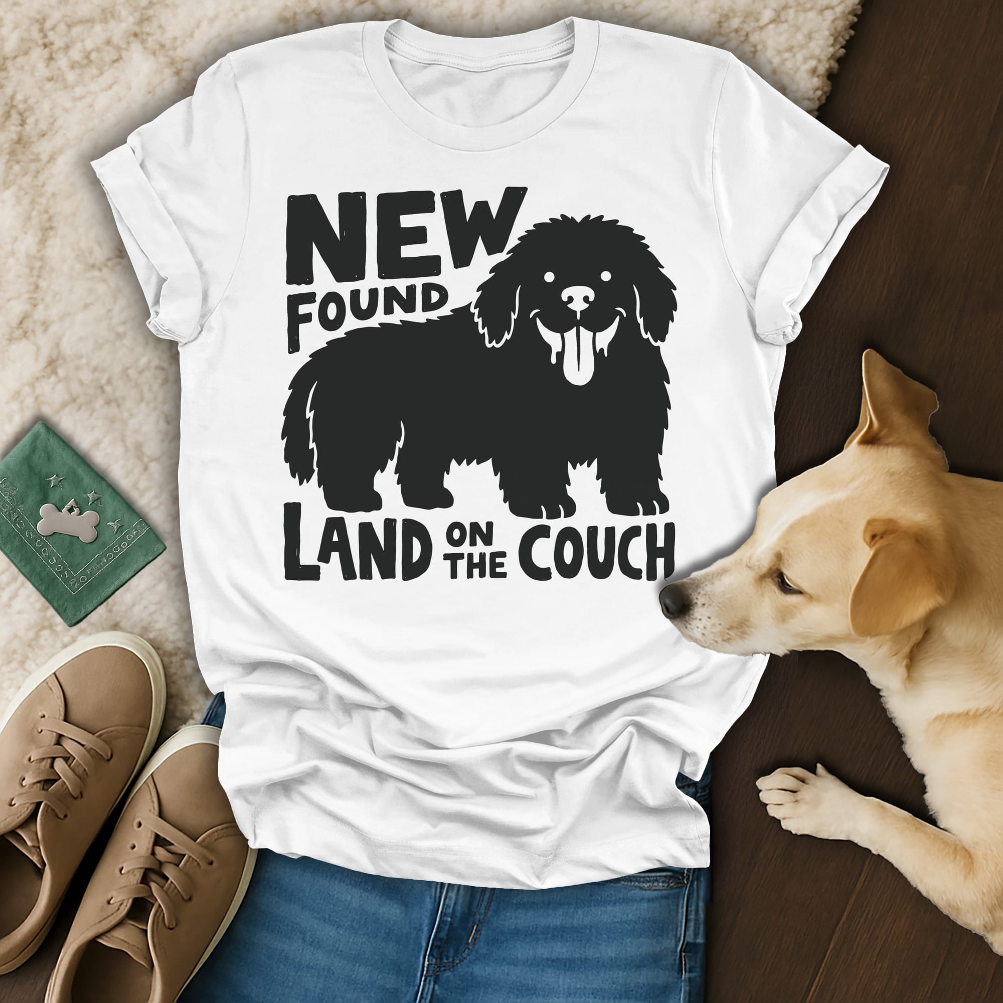 T-shirt with black silhouette of a dog and text "NEW FOUND LAND ON THE COUCH".
