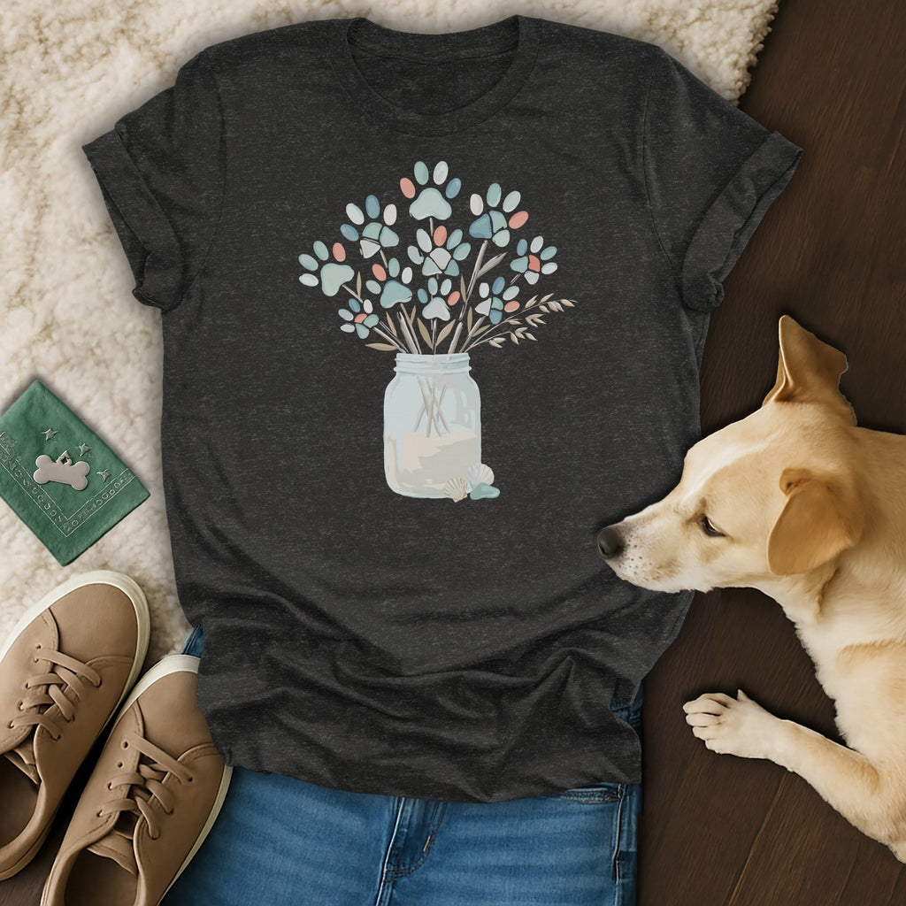 Dark gray t-shirt with a watercolor bouquet of paw prints in a mason jar.