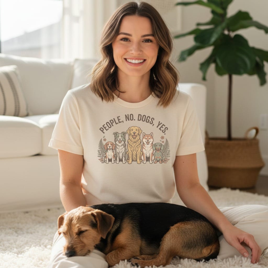 Woman wearing a cream t-shirt with dogs and "PEOPLE, NO. DOGS, YES." text.