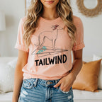 Peach t-shirt with a greyhound on a paper airplane and "TAILWIND" text.