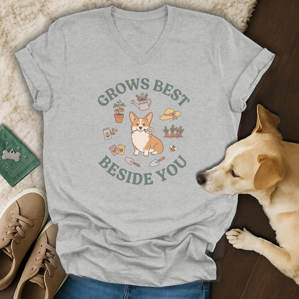 Heather gray V-neck t-shirt featuring a corgi graphic and the text Grows Best Beside You.