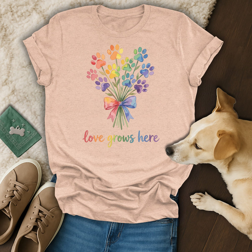 Rainbow paw print bouquet with text "love grows here" on a t-shirt.