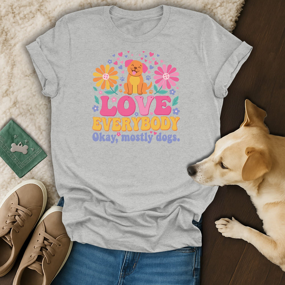 Grey t-shirt with "LOVE EVERYBODY Okay, mostly dogs" text and dog graphic.