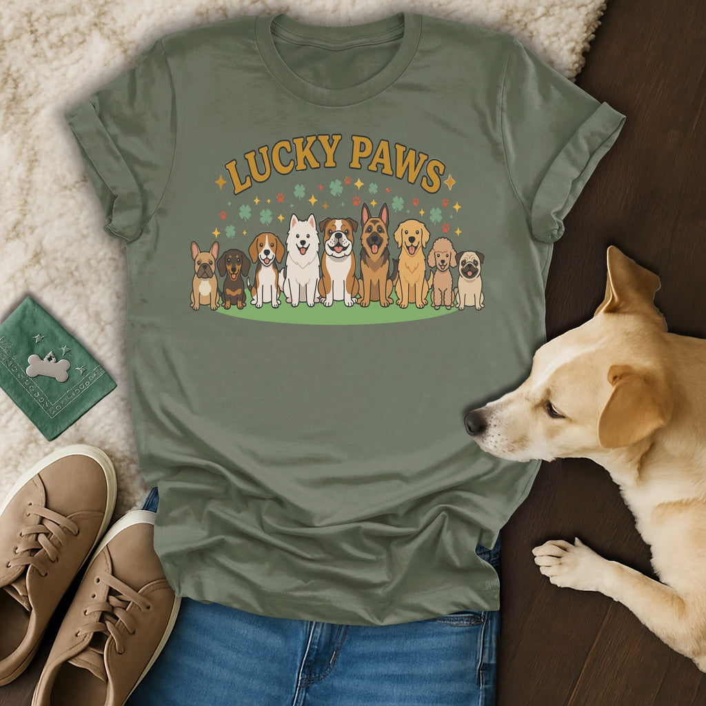 T-shirt with cartoon dogs and "Lucky Paws" text.