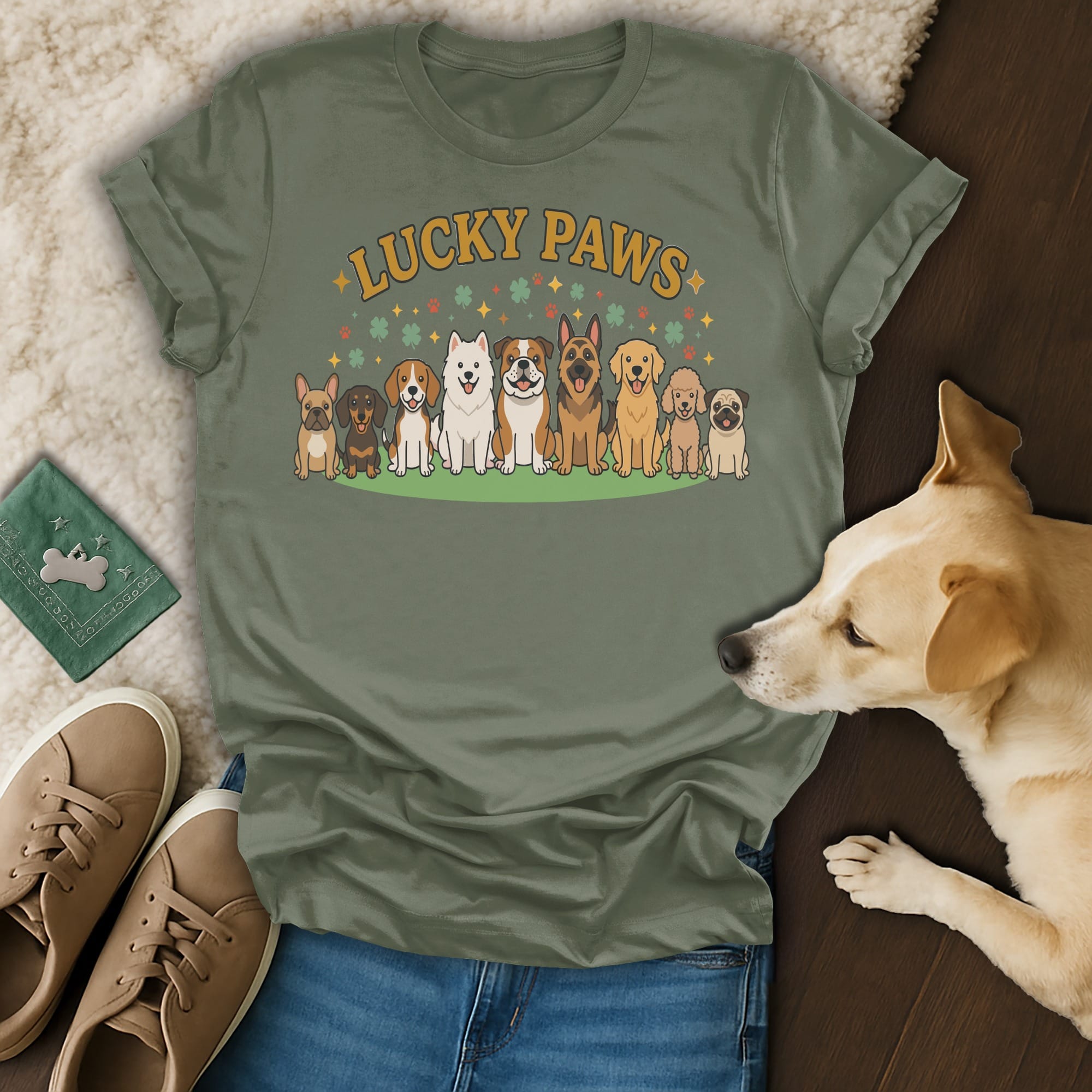 T-shirt with cartoon dogs and "Lucky Paws" text.