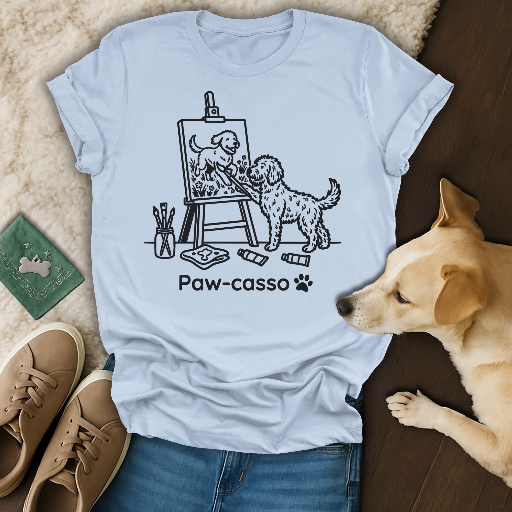 T-shirt with black sketch of a dog painting another dog, with "Paw-casso" text.
