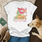 White t-shirt with illustration of woman and dog, text "Flowing through life together."