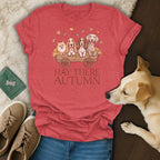 Red t-shirt with four dogs in a wagon and "Hay There Autumn" text.