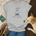 Grey t-shirt with a line drawing of a happy pitbull wearing a party hat and holding a balloon.
