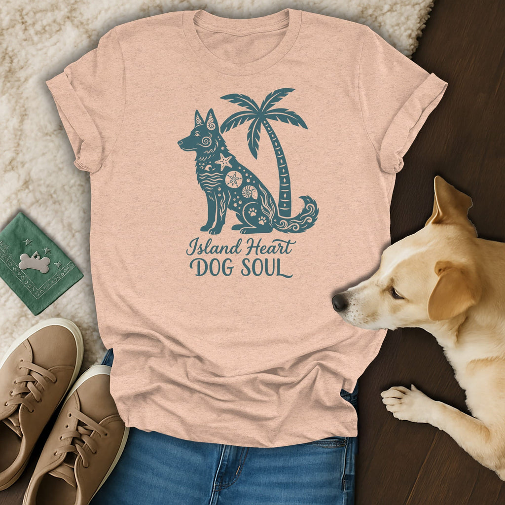Peach t-shirt with teal dog and palm tree graphic that reads "Island Heart DOG SOUL".