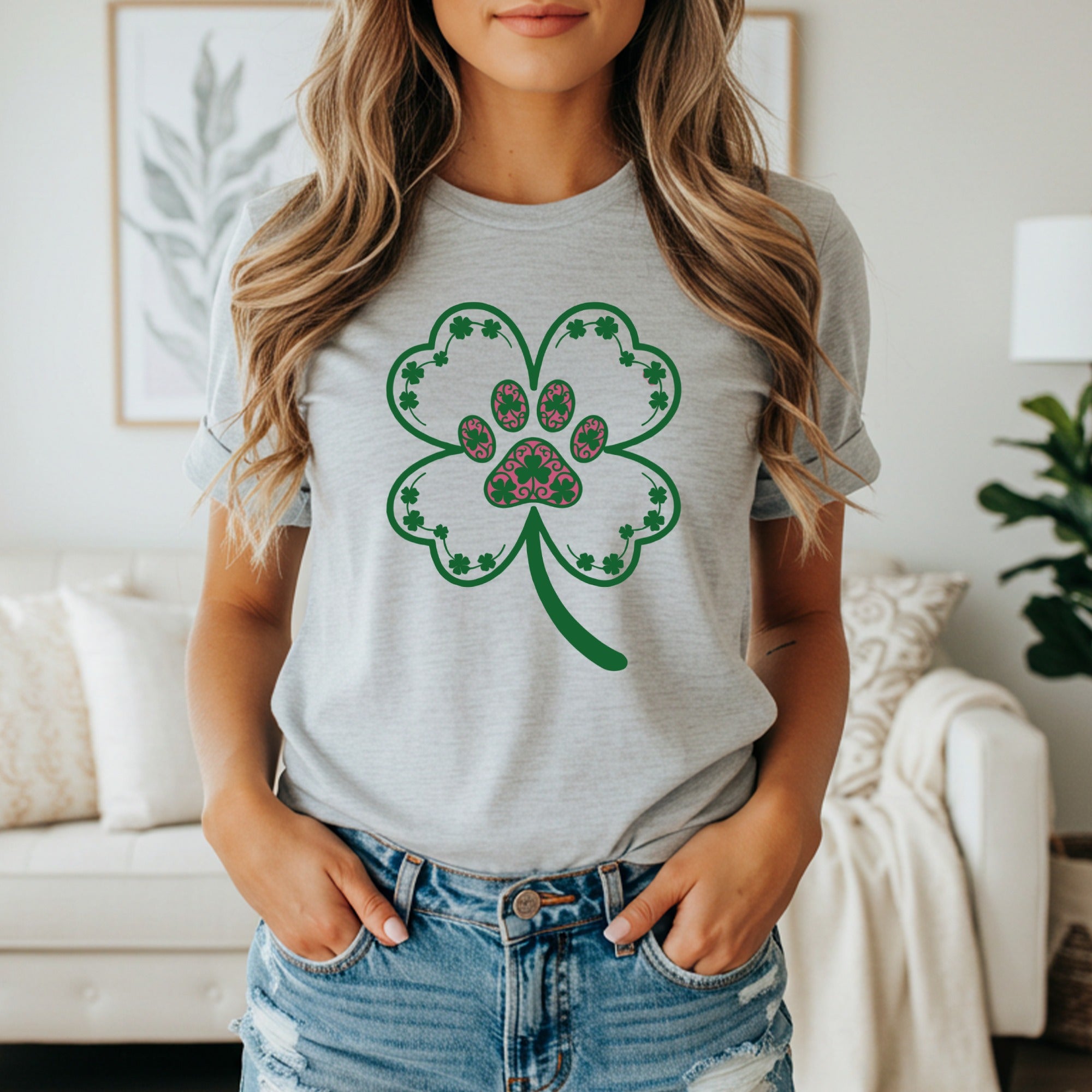 Cute Clover and Paw Print Graphic Tee Shirt