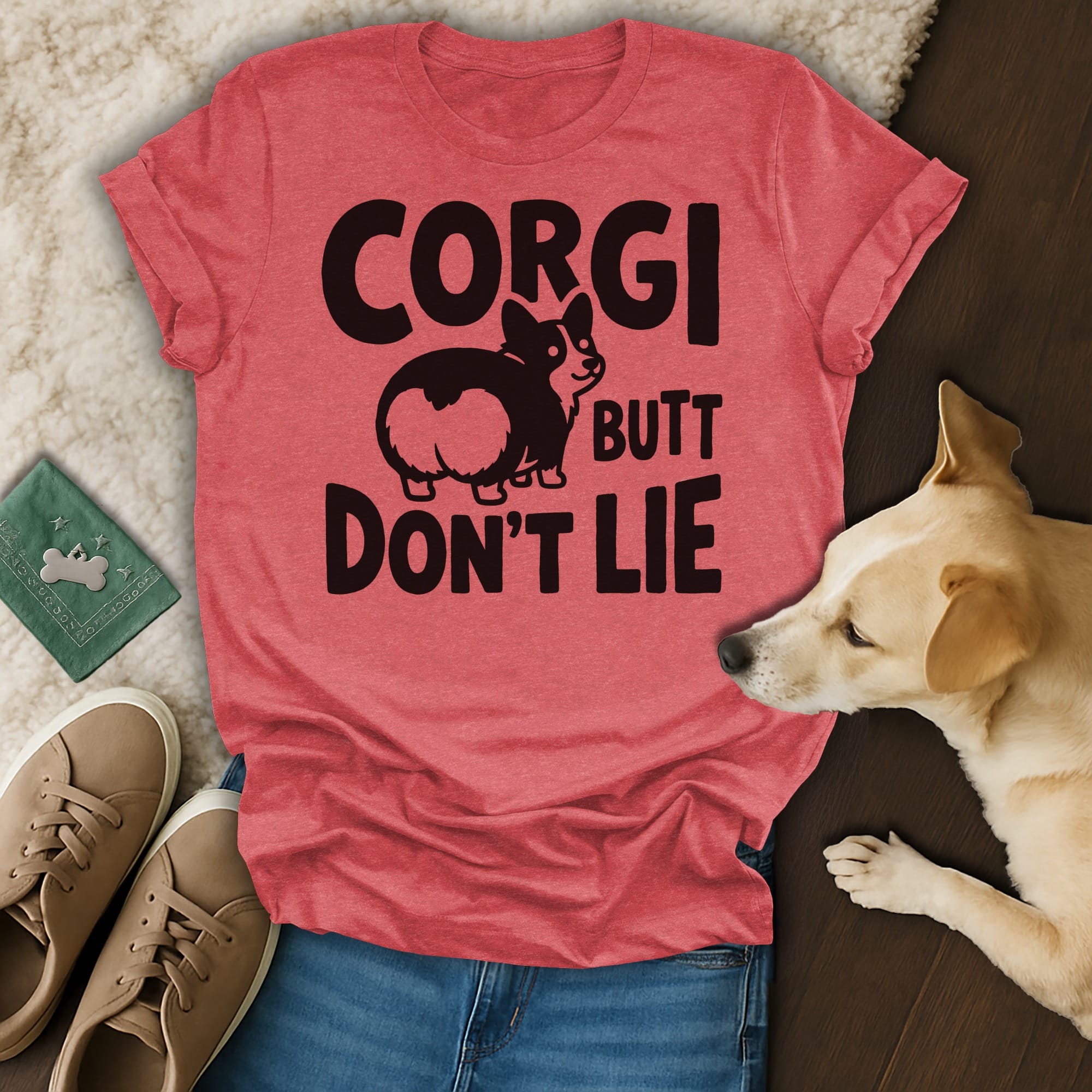 Coral t-shirt with "Corgi Butt Don't Lie" text and corgi illustration.