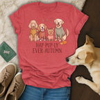 Red t-shirt with four dogs and text "HAP-PUP-LY EVER AUTUMN".
