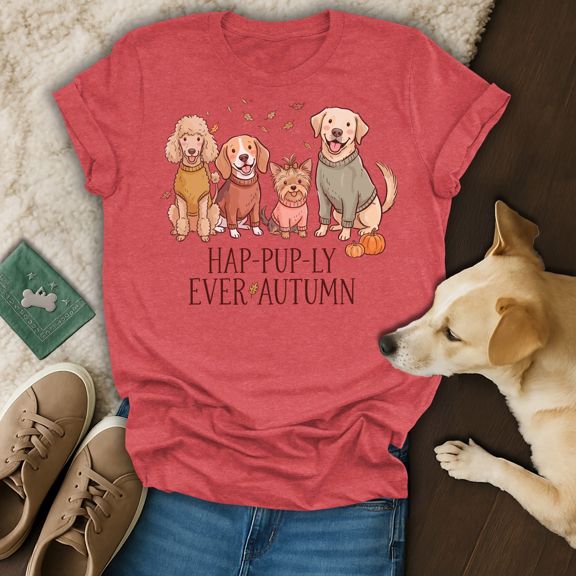 Red t-shirt with four dogs and text "HAP-PUP-LY EVER AUTUMN".