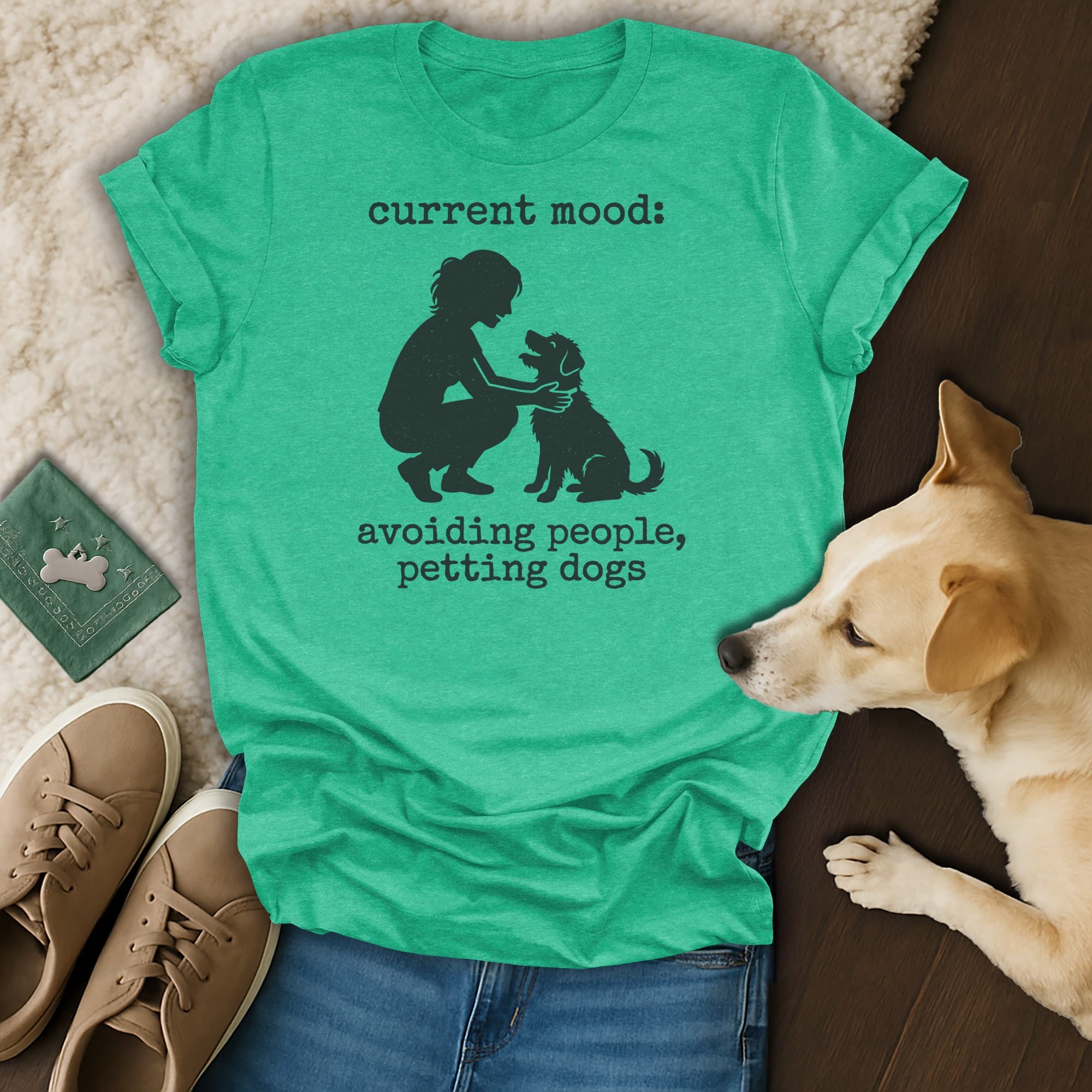 T-shirt with graphic: "current mood: avoiding people, petting dogs"