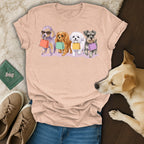 Four dogs in a line holding shopping bags, wearing sunglasses.