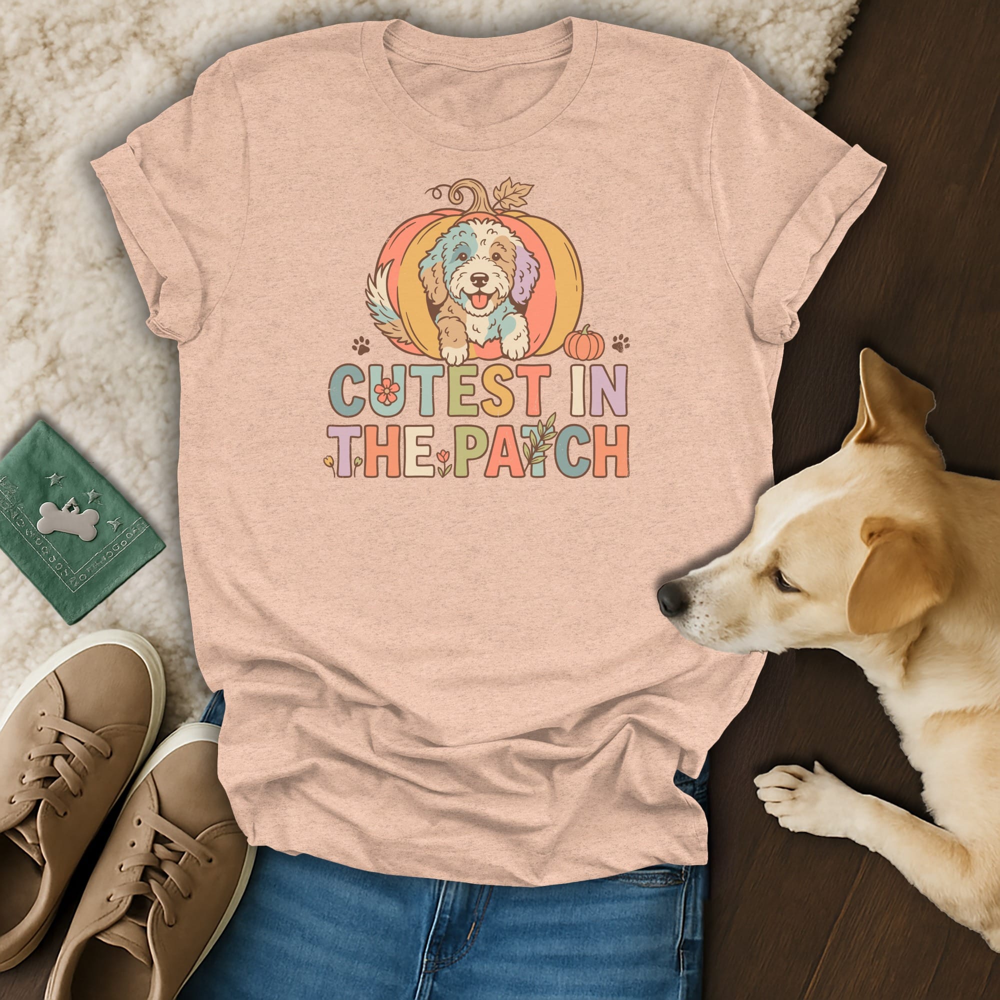 Peachy t-shirt with "Cutest In The Patch" text and a colorful dog in a pumpkin.