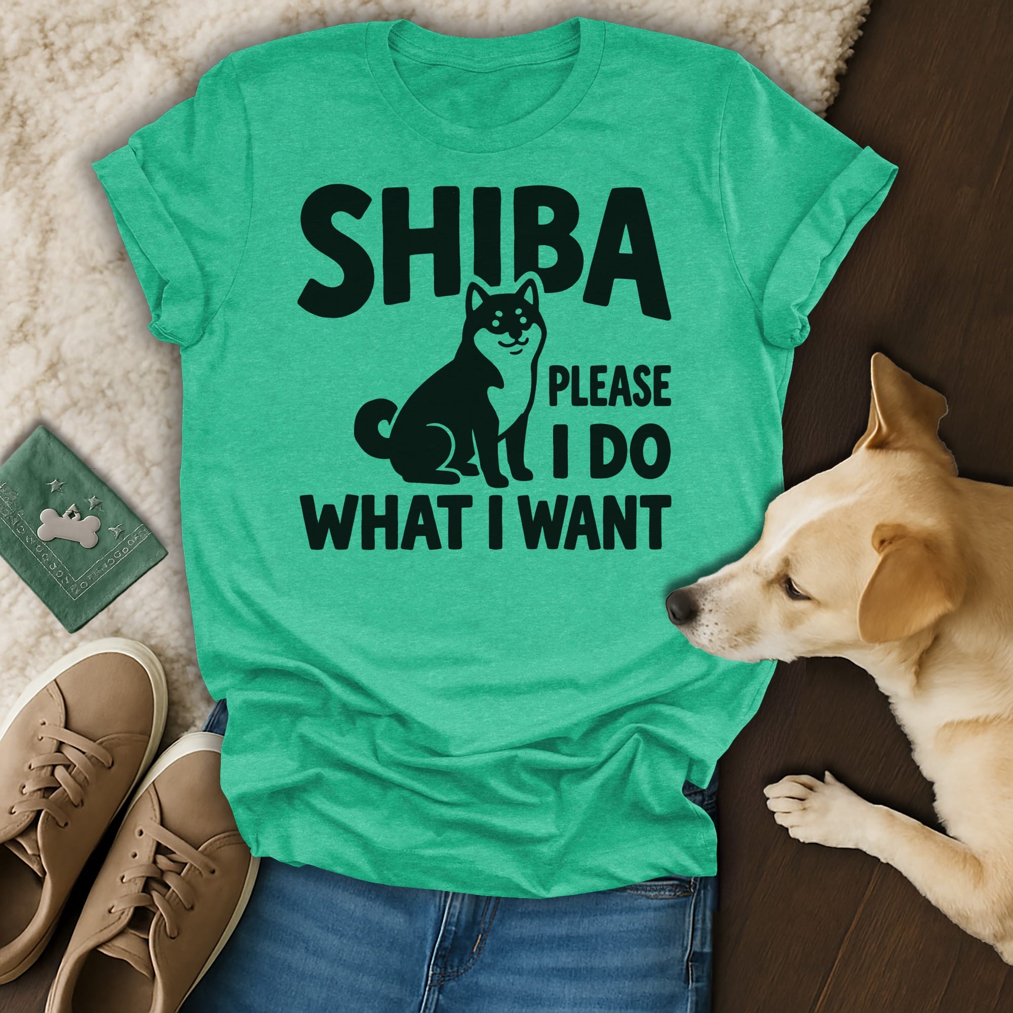Green t-shirt with black text "SHIBA PLEASE I DO WHAT I WANT" and a Shiba Inu dog graphic.