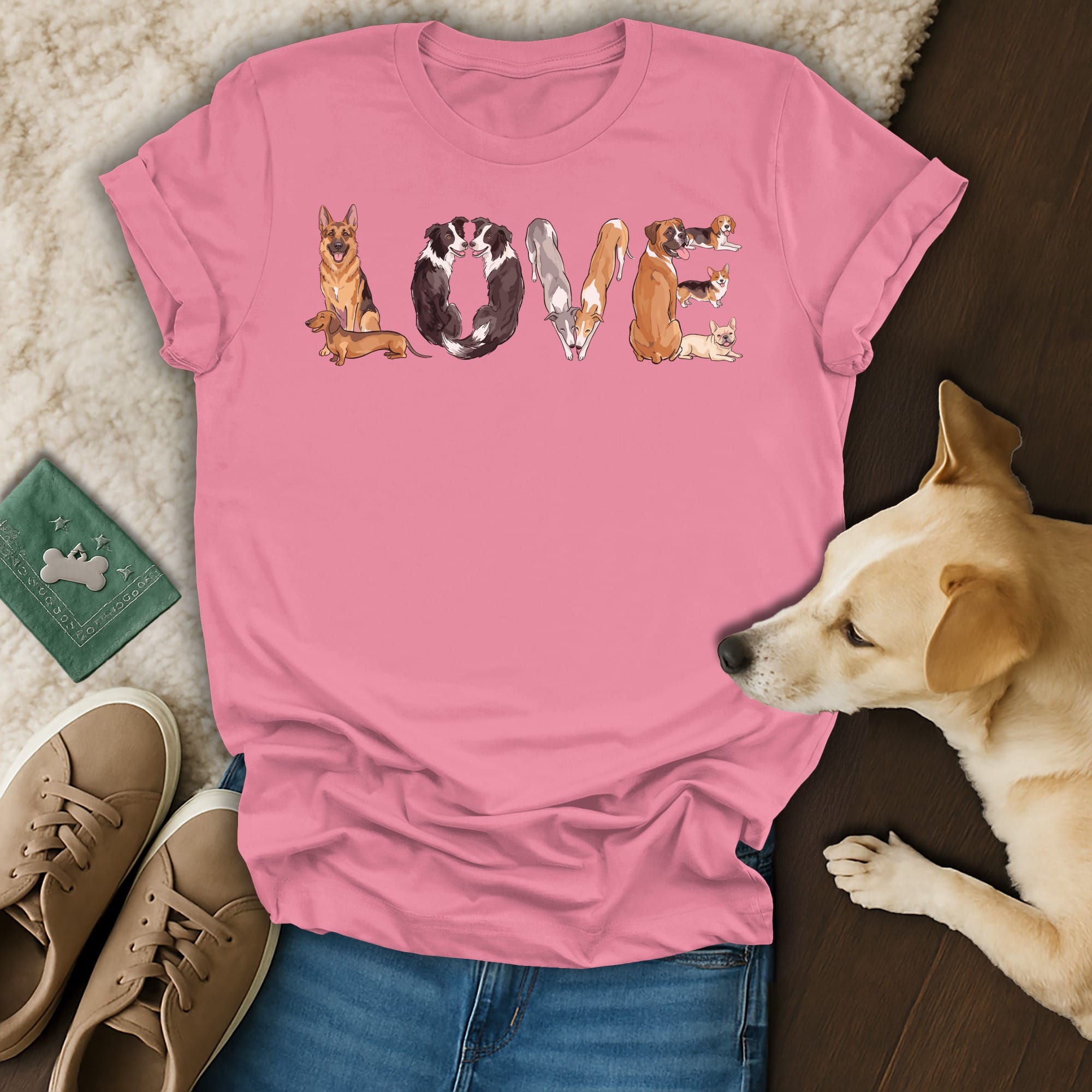 Pink t-shirt with dogs forming the word LOVE.