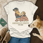 T-shirt with American flag and fireworks overlaying two dogs, text "America's 250th".