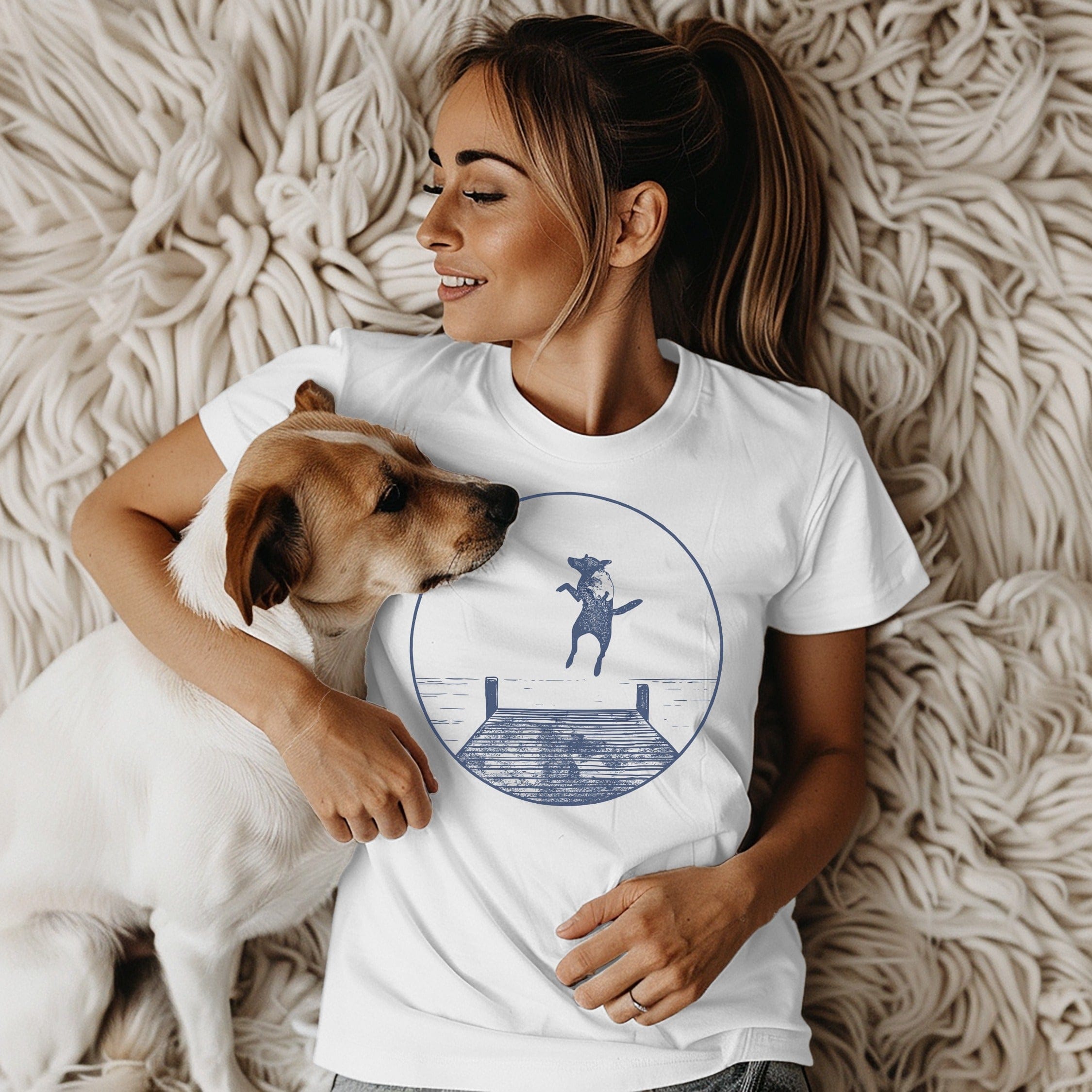 Playful Dog on Dock Graphic T-Shirt