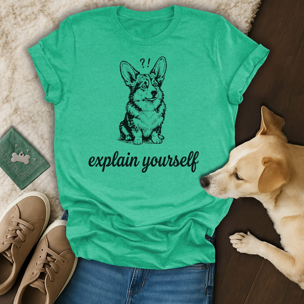 Green t-shirt with a black and white illustration of a corgi with question marks above its head, and text reading "explain yourself".