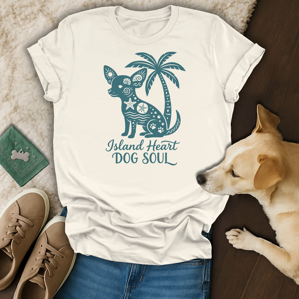 Cream t-shirt with teal graphic of a dog, palm tree, and text "Island Heart DOG SOUL."