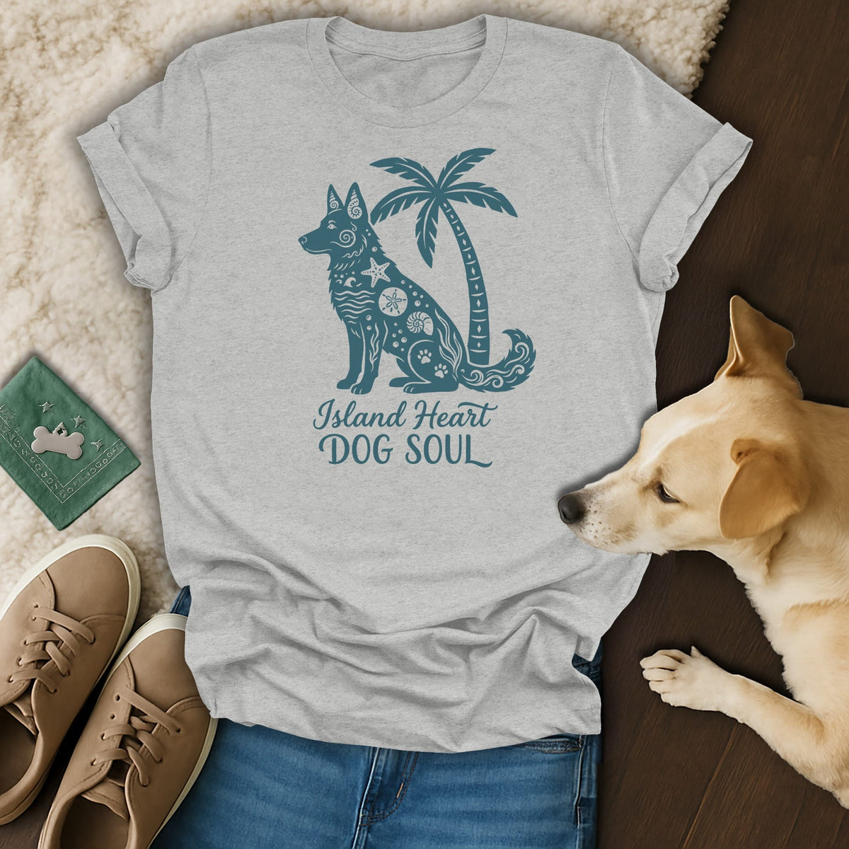 Gray t-shirt with a blue graphic of a dog and palm tree, reading "Island Heart DOG SOUL".