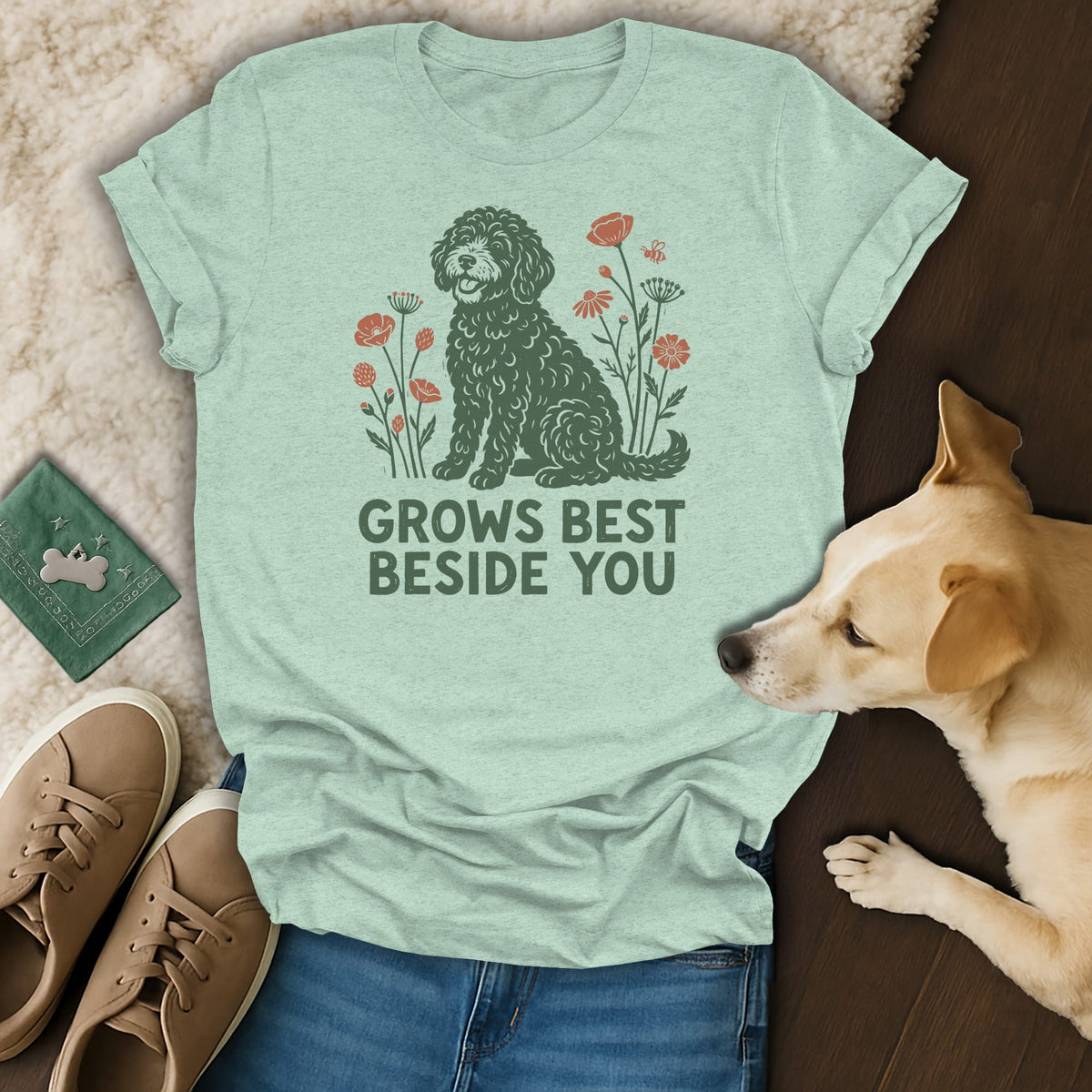 Sage green t-shirt featuring a curly dog illustration and the text GROWS BEST BESIDE YOU.