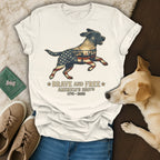 Dog silhouette with American flag filling, "Brave and Free America's 250th" text.