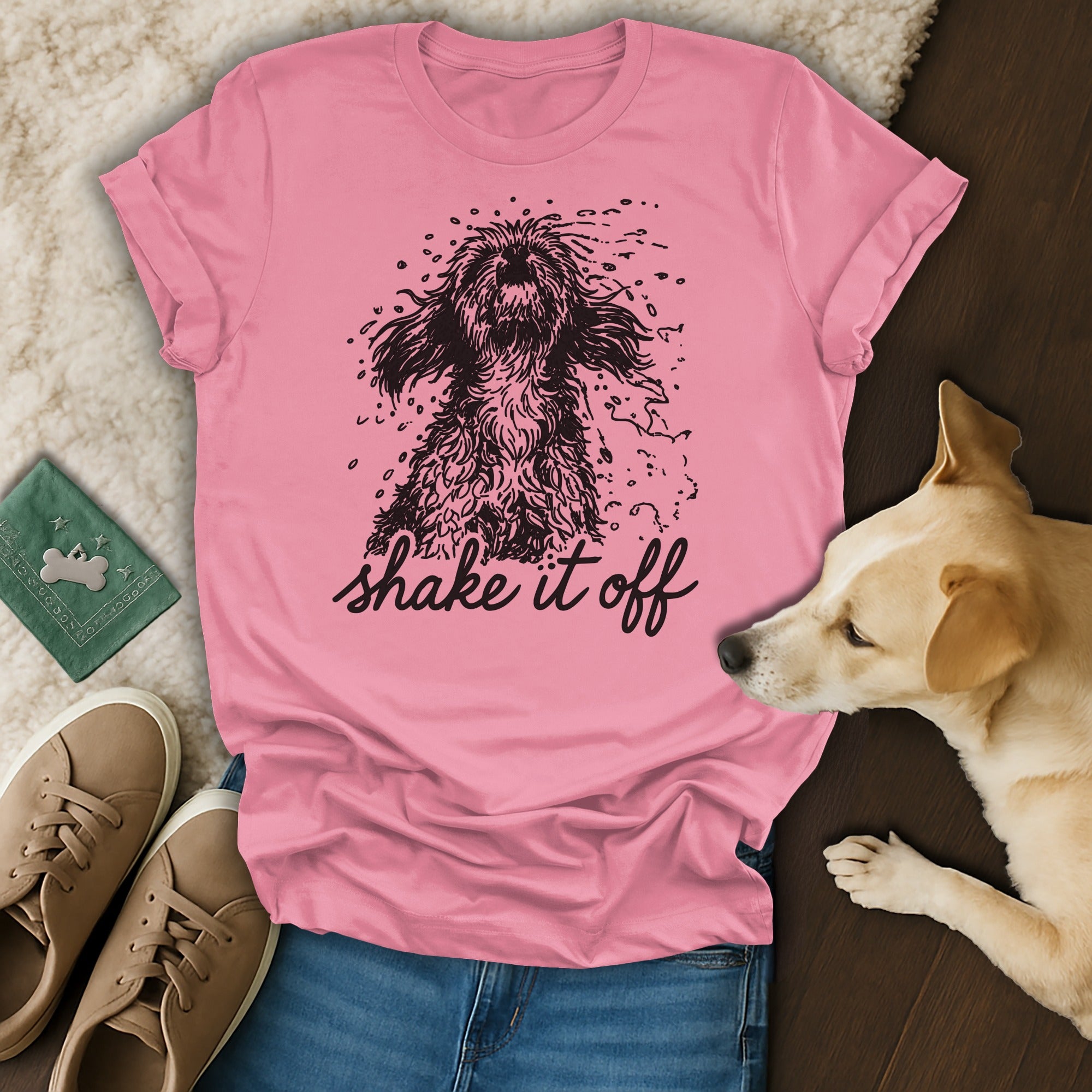 Shake It Off Dog Print Pink Tee Shirt for Pet Lovers