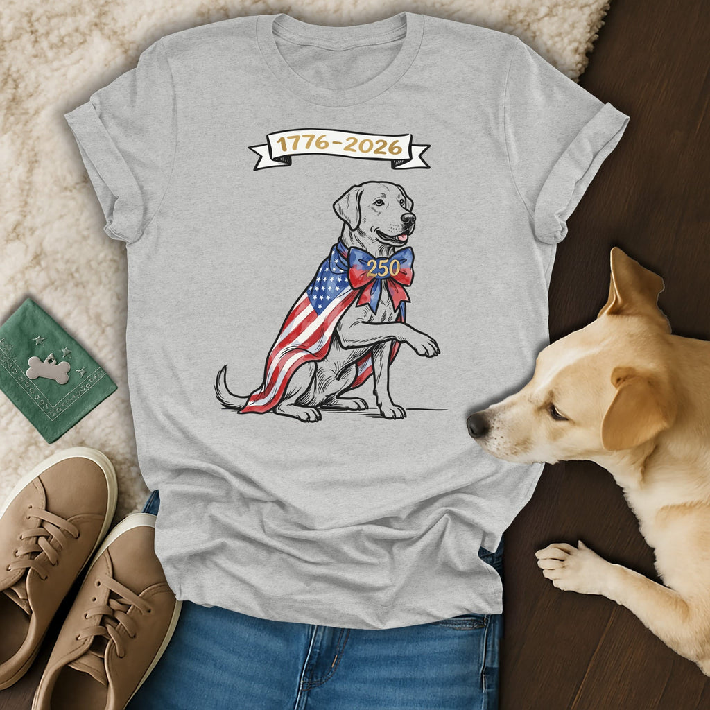 Labrador wearing American flag cape and bow, celebrating 1776-2026.