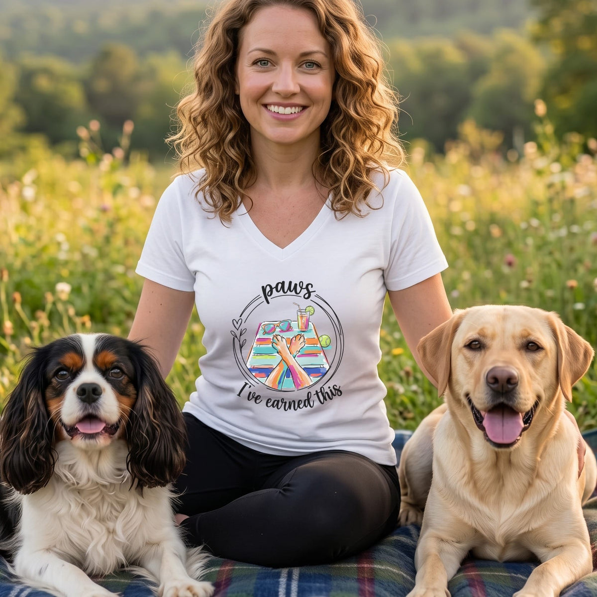 Woman in white t-shirt with "paws I've earned this" graphic sits with two dogs.